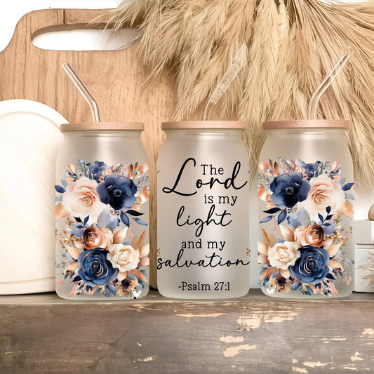 The Lord Is My Light – Psalm 27:1 Blue Rose Scripture Glass Cup • 16oz