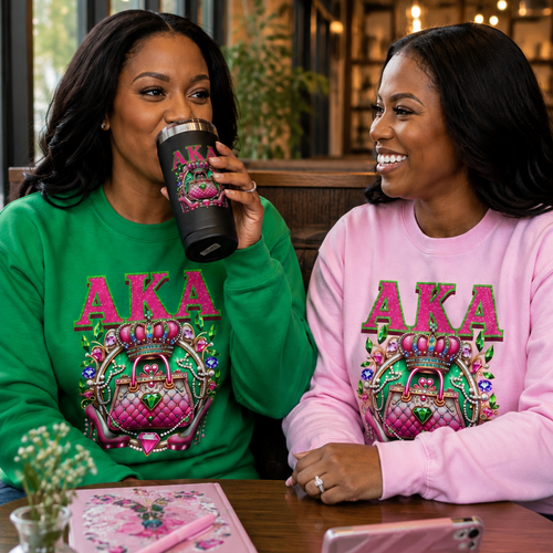 Two women sitting at a wooden table in a cafe, wearing matching AKA graphic sweatshirts. The woman on the left wears a green sweatshirt and holds a black travel mug, while the woman on the right wears a pink sweatshirt.