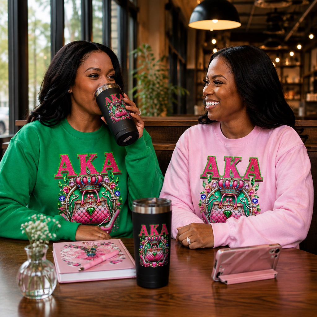 Two women sitting at a cafe table wearing matching green and pink sweatshirts with a colorful graphic and the text 'AKA'. One woman is drinking from a black travel tumbler with the same graphic, and a matching pink notebook and phone are on the table.