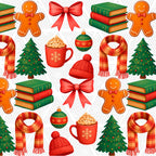 A repeating Christmas-themed illustration pattern featuring gingerbread people, books, scarves, ornaments, hot cocoa mugs, Christmas trees, and red bows on a white background with a subtle diagonal pattern.