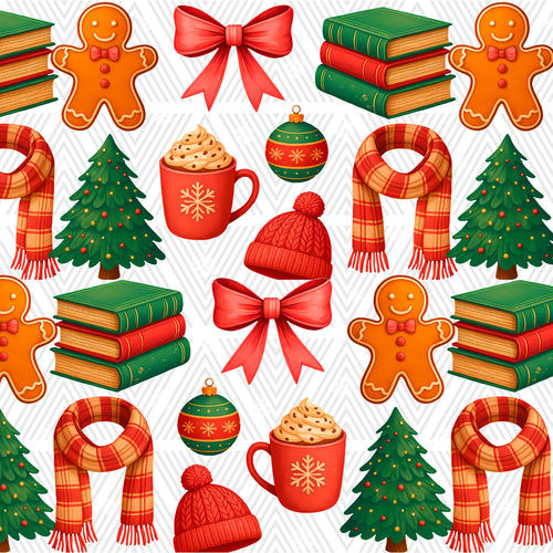 A repeating Christmas-themed illustration pattern featuring gingerbread people, books, scarves, ornaments, hot cocoa mugs, Christmas trees, and red bows on a white background with a subtle diagonal pattern.