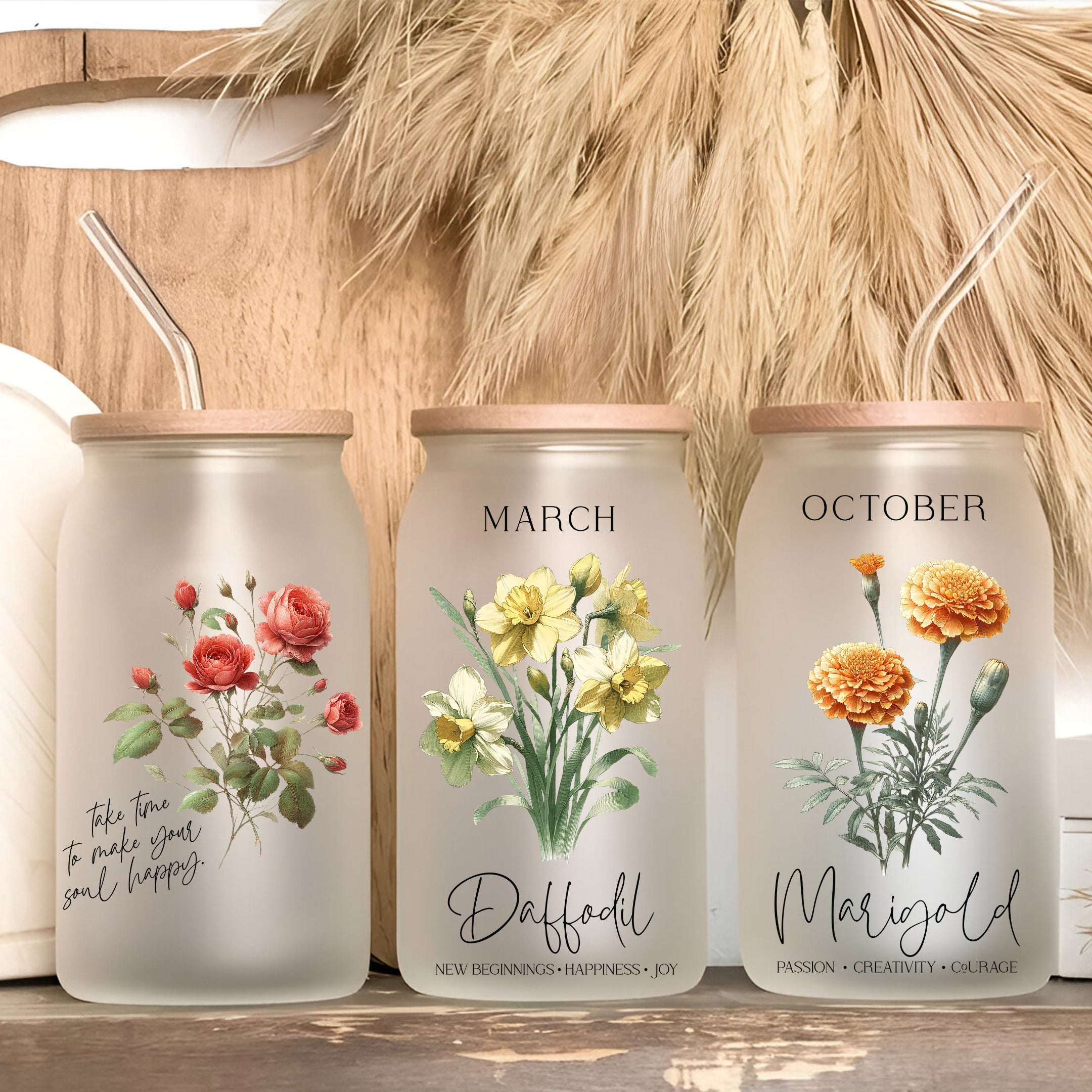 Personalized Color Birth Flower and Affirmation Cup with Lid and Straw