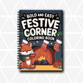 Coloring book titled 'Bold and Easy Festive Corner Coloring Book' with a fox by a fireplace on a white background.