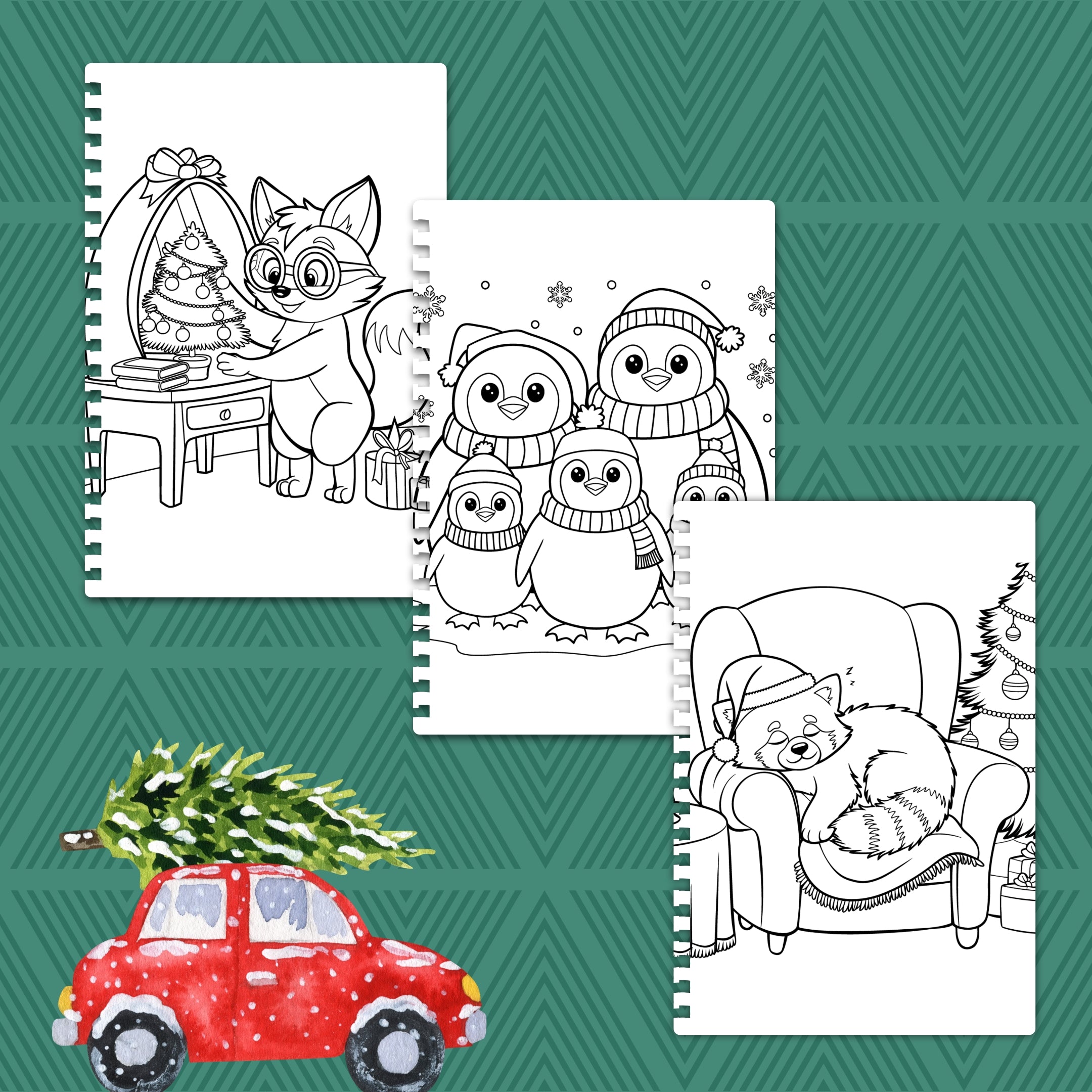 Coloring book pages with Christmas-themed illustrations on a green patterned background.