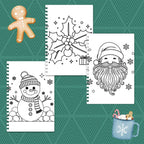 Coloring book pages with Christmas-themed designs on a green patterned background.