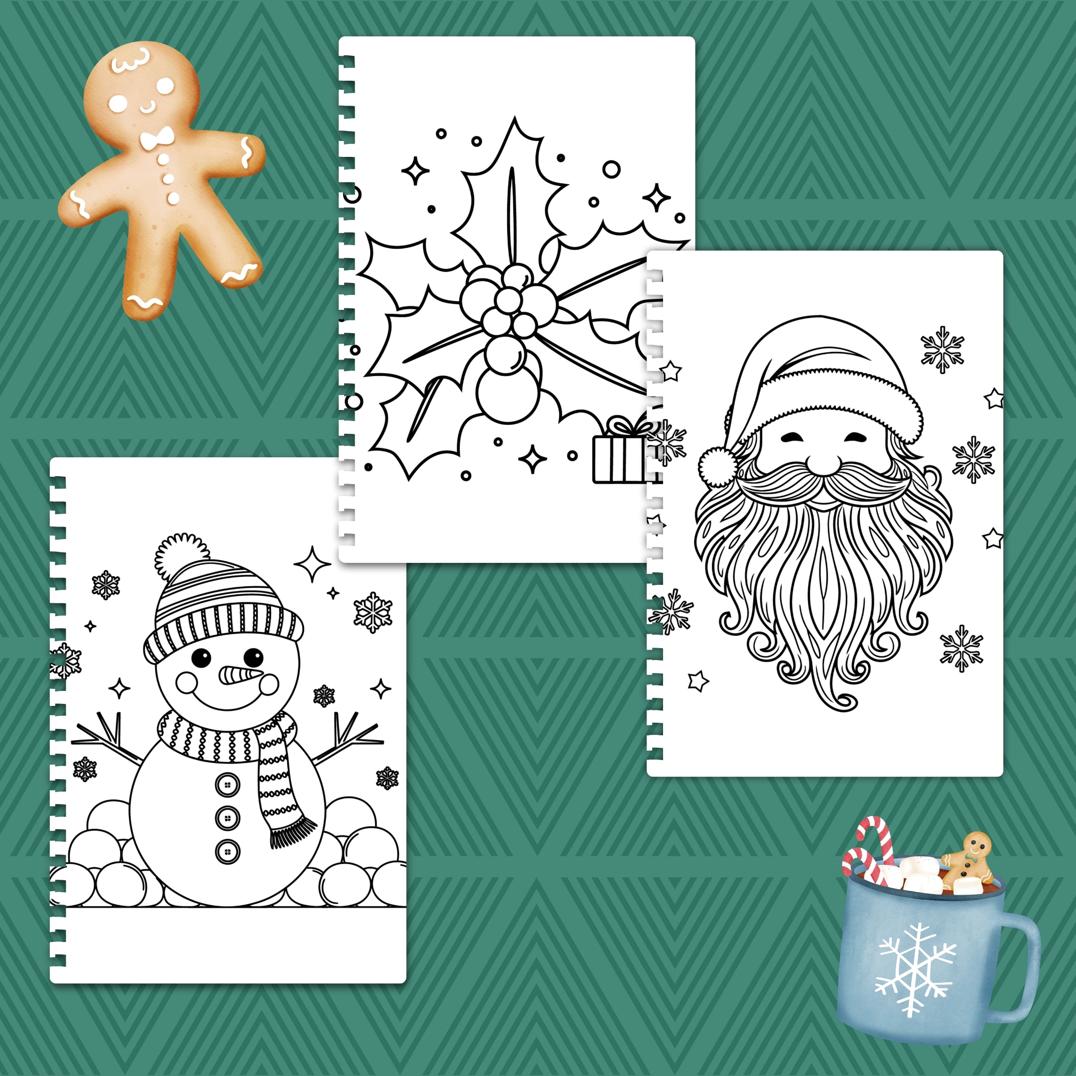 Coloring book pages with Christmas-themed designs on a green patterned background.
