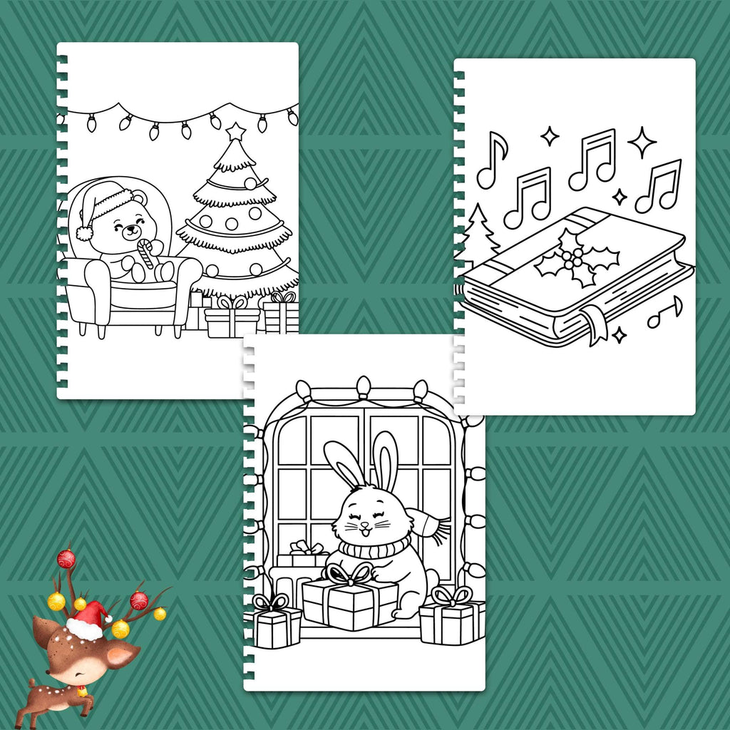 Three Christmas-themed coloring pages on a green patterned background.