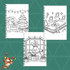 Three Christmas-themed coloring pages on a green patterned background.