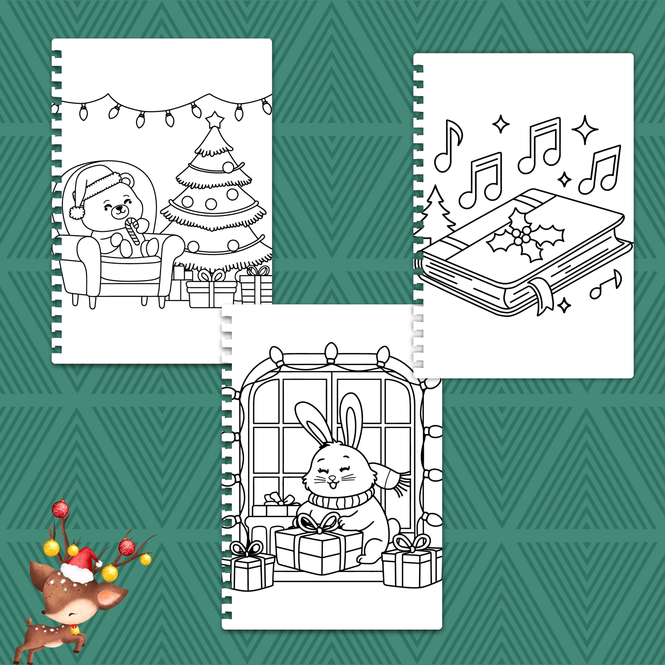 Three Christmas-themed coloring pages on a green patterned background.