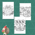 Set of Christmas-themed coloring pages on a green patterned background with a hedgehog wearing a Santa hat.