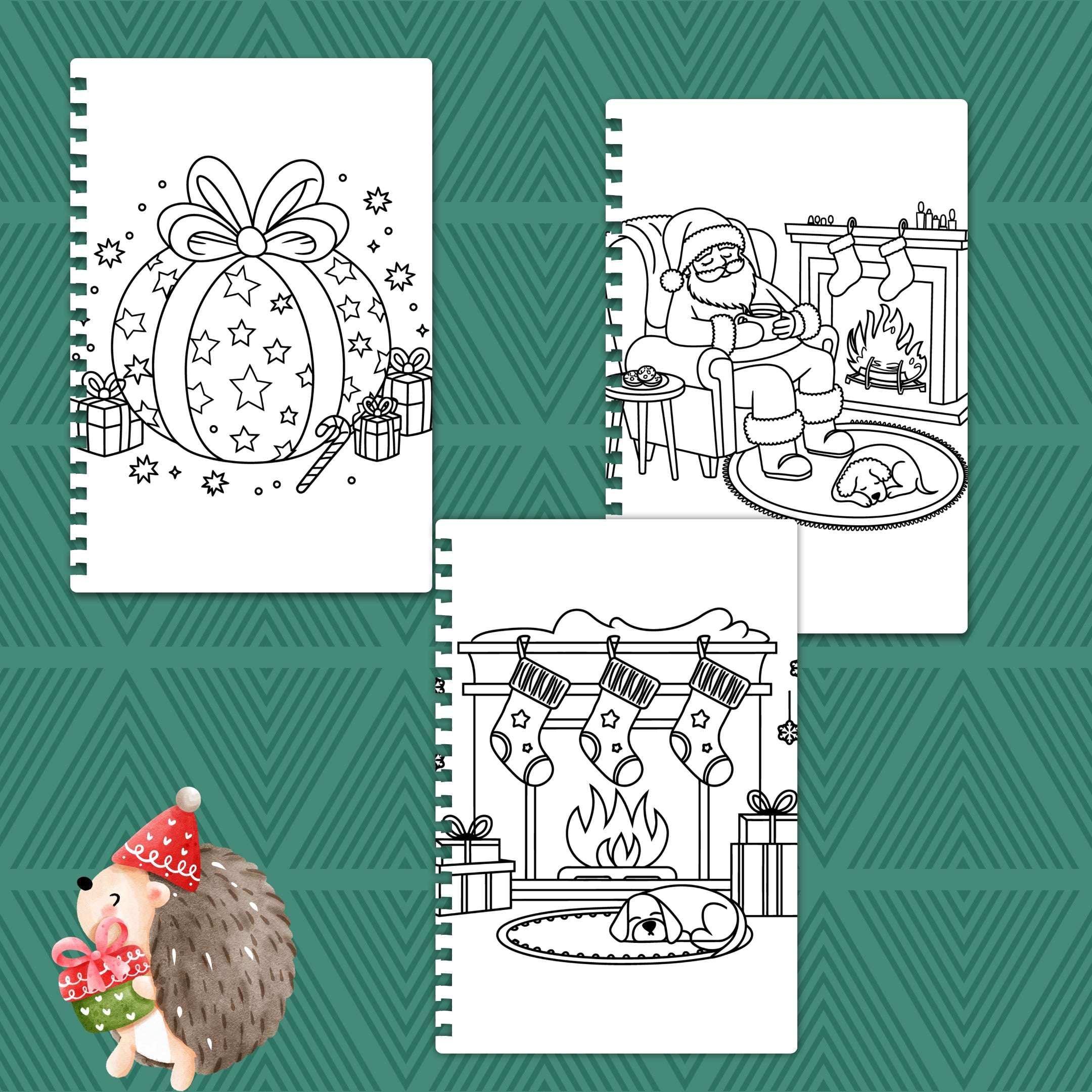 Set of Christmas-themed coloring pages on a green patterned background with a hedgehog wearing a Santa hat.