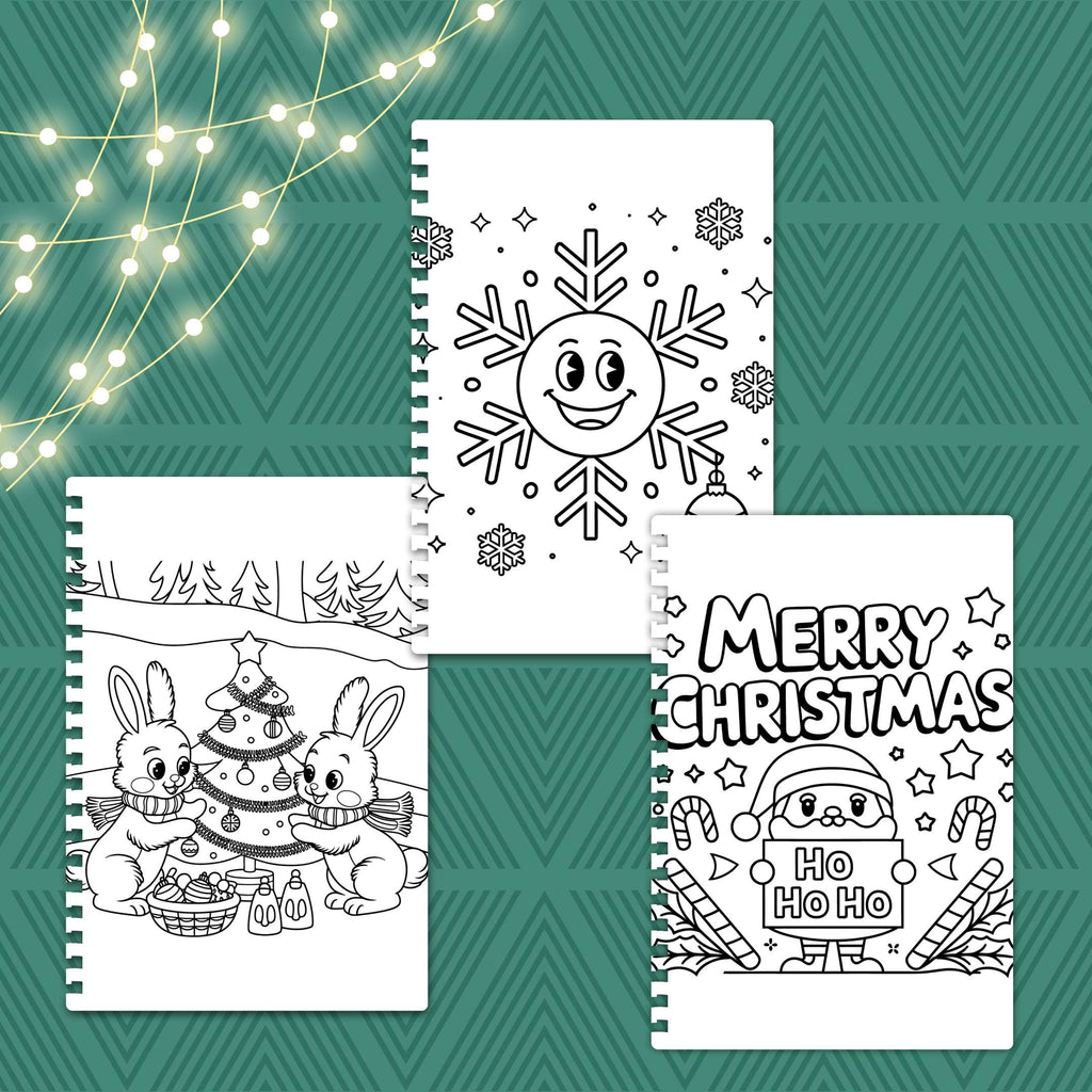 Three Christmas-themed coloring pages on a green patterned background with string lights.