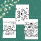 Three Christmas-themed coloring pages on a green patterned background with string lights.