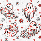 Pattern of cartoon ghosts with red hearts and flowers on a white background