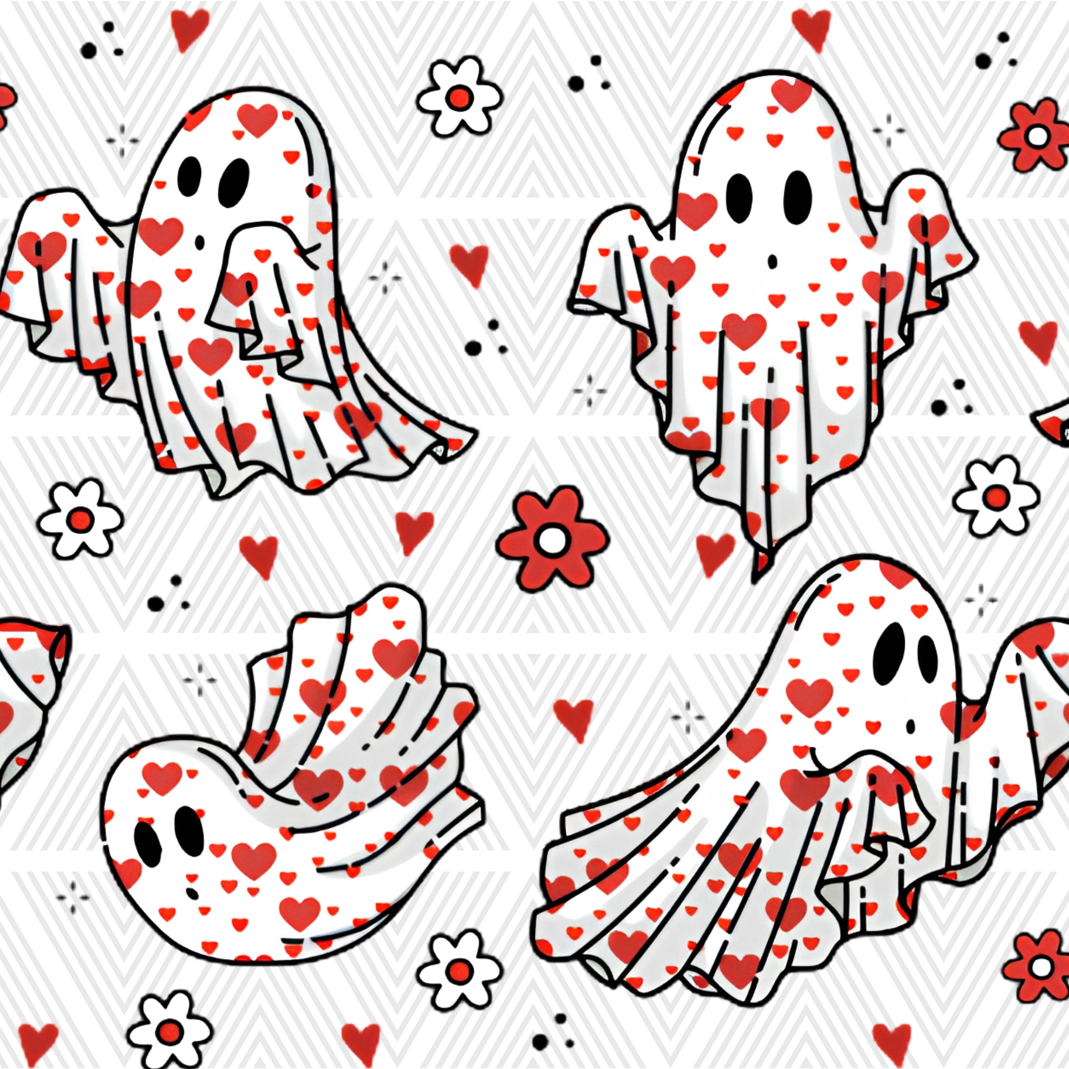 Pattern of cartoon ghosts with red hearts and flowers on a white background