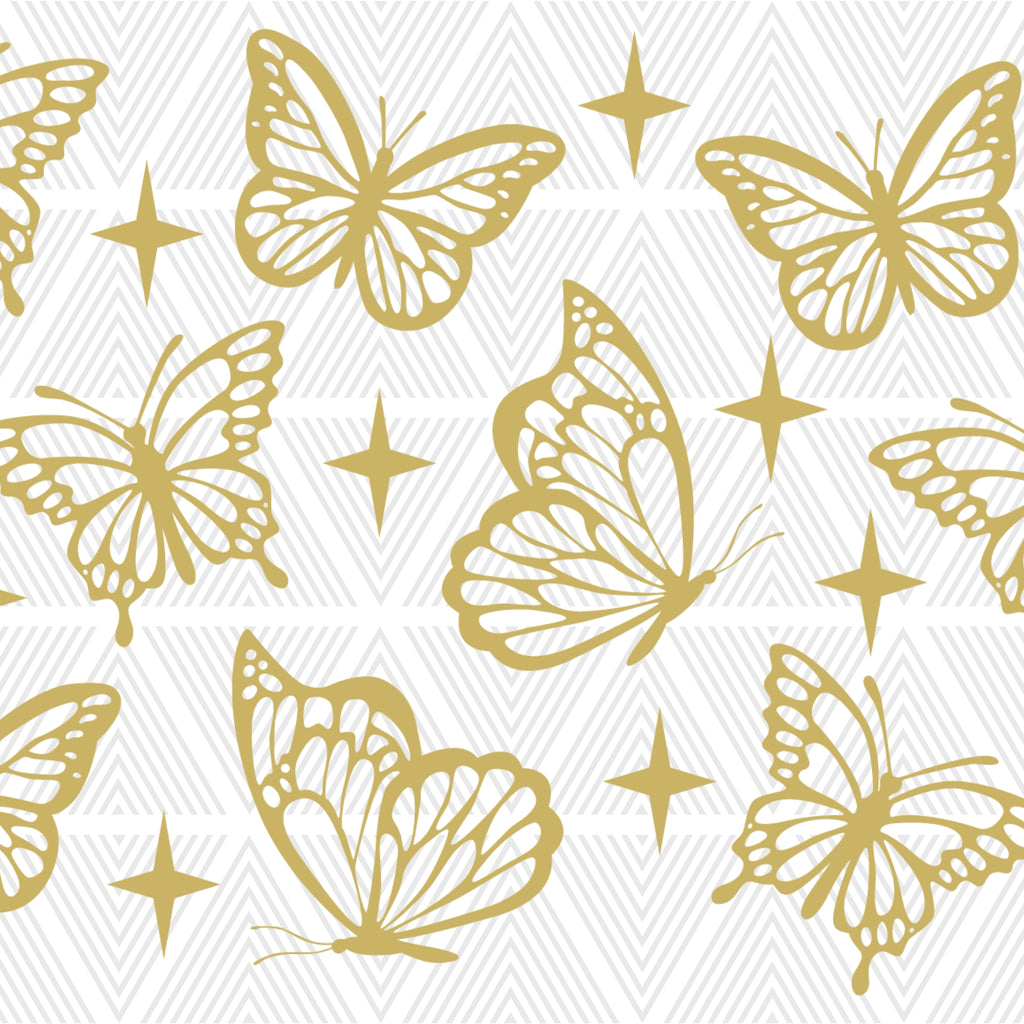 Pattern of gold butterflies and stars on a white background