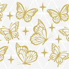 Pattern of gold butterflies and stars on a white background