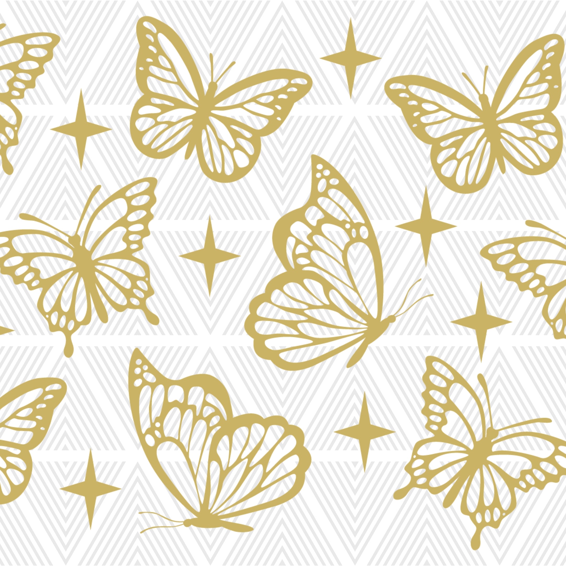 Pattern of gold butterflies and stars on a white background