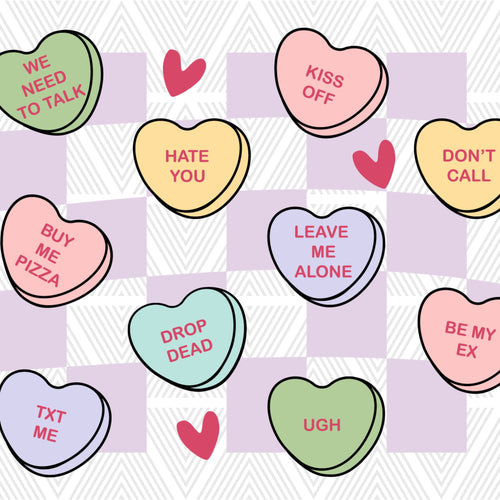 Heart-shaped conversation bubbles with humorous text on a checkered background
