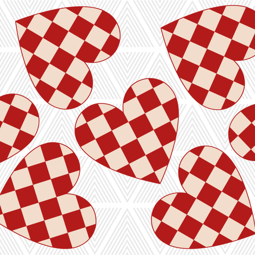 Red and beige checkered hearts on a white background