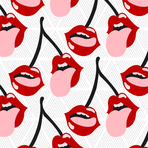 Pattern of red lips with pink tongues on a white background