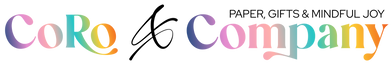 A colorful logo reading 'CoRo & Company' with the tagline 'PAPER, GIFTS & MINDFUL JOY' on a white background.
