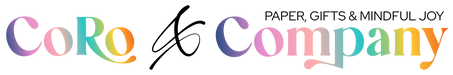 A colorful logo reading 'CoRo & Company' with the tagline 'PAPER, GIFTS & MINDFUL JOY' on a white background.