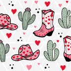 Pattern of pink cowboy boots, hats, and cacti with red hearts on a white background.