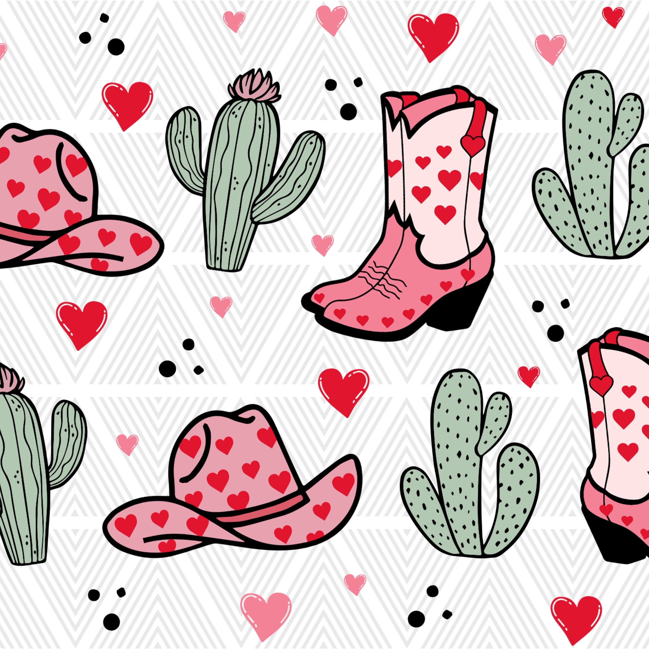 Pattern of pink cowboy boots, hats, and cacti with red hearts on a white background.