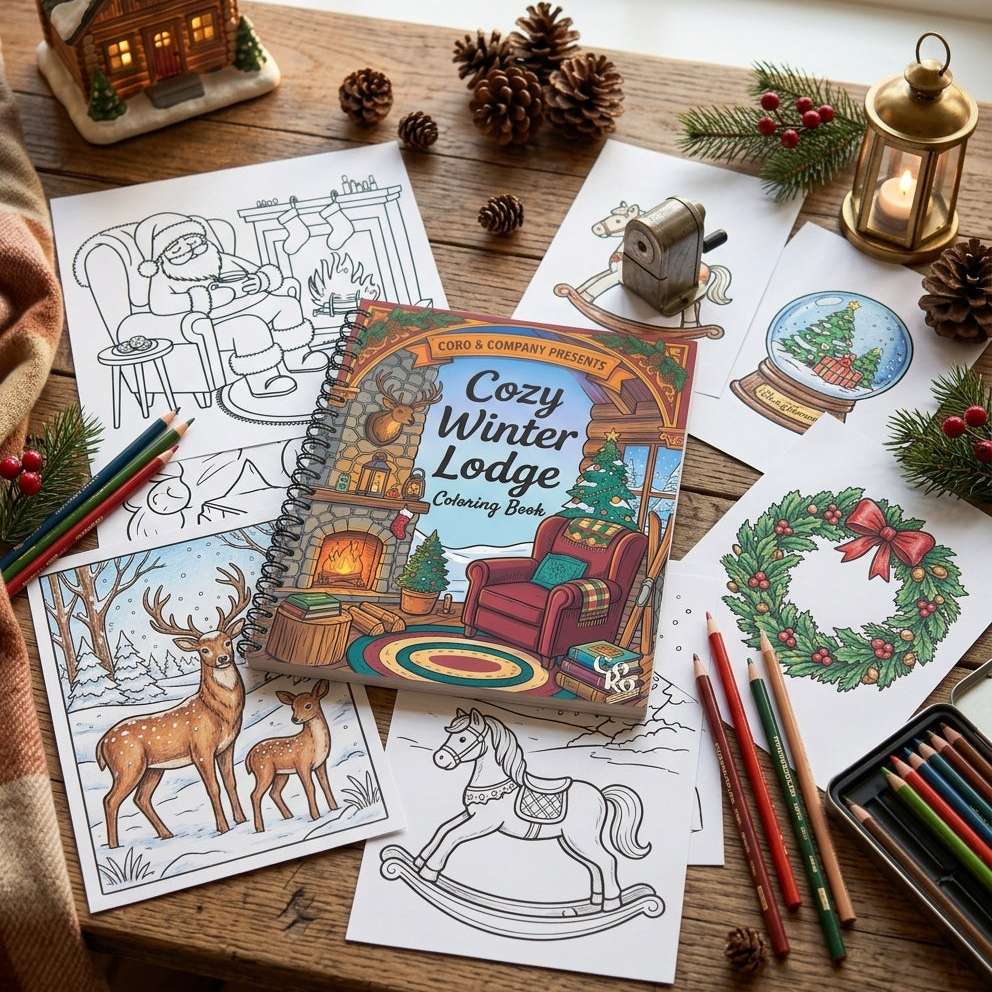 A cozy winter-themed coloring book titled 'Cozy Winter Lodge' lies on a wooden table surrounded by coloring pages, colored pencils, pinecones, evergreen branches, a small lantern, and a miniature house. The book cover shows a warm fireplace scene with a red armchair and green tree.