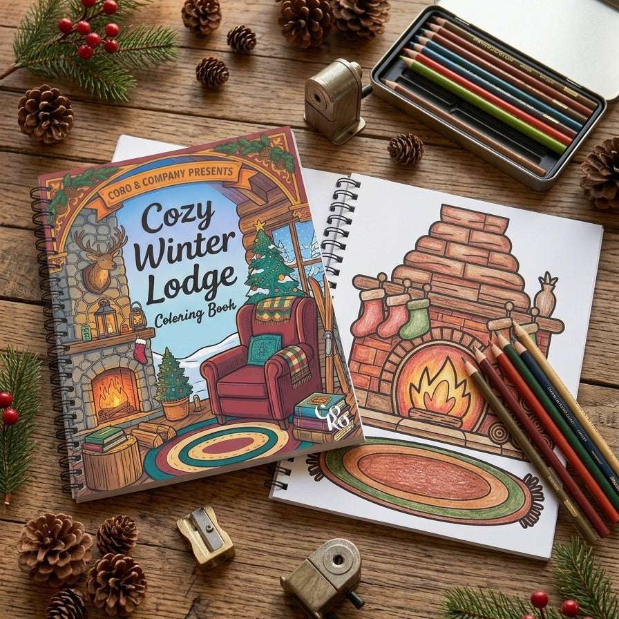 A cozy winter-themed coloring book titled 'Cozy Winter Lodge' by CoRo & Company is displayed on a rustic wooden table alongside an open coloring page showing a fireplace scene, colored pencils, pinecones, evergreen branches with red berries, and a pencil case.