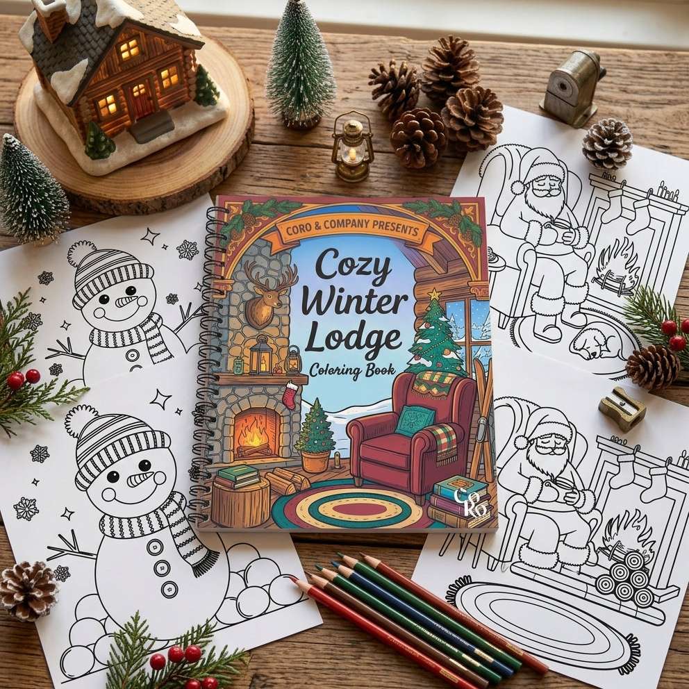 A cozy winter-themed coloring book called Cozy Winter Lodge by CoRo & Company is displayed on a wooden table with coloring pages, colored pencils, pinecones, evergreen branches, and a small wooden cabin decoration.