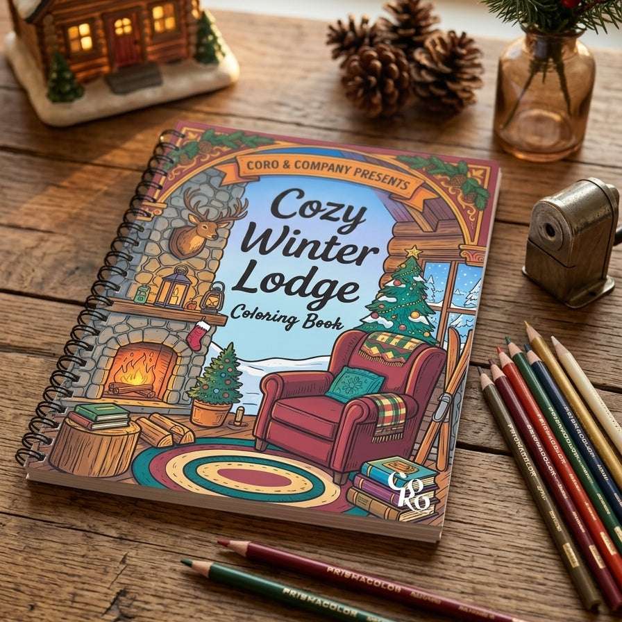 A spiral-bound coloring book titled "Cozy Winter Lodge Coloring Book" by CoRo & Company lies on a rustic wooden table, surrounded by coloring pencils, pinecones, a small house ornament, and a glass vase with evergreen branches. The cover shows a cozy indoor winter scene with a fireplace, armchair, tree, and snowmobile.