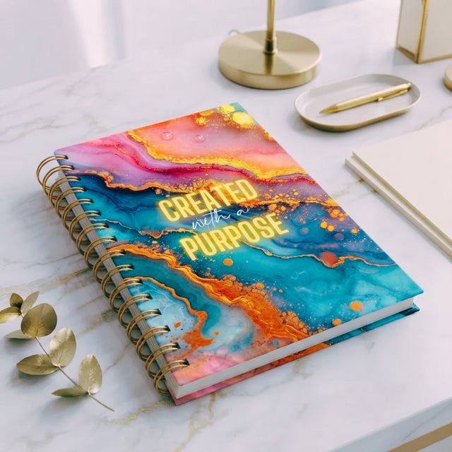 A spiral-bound journal with a colorful abstract watercolor cover lies on a white marble desk. The cover features gold foil text reading 'CREATED WITH A PURPOSE' and displays shades of blue, pink, orange, and yellow.