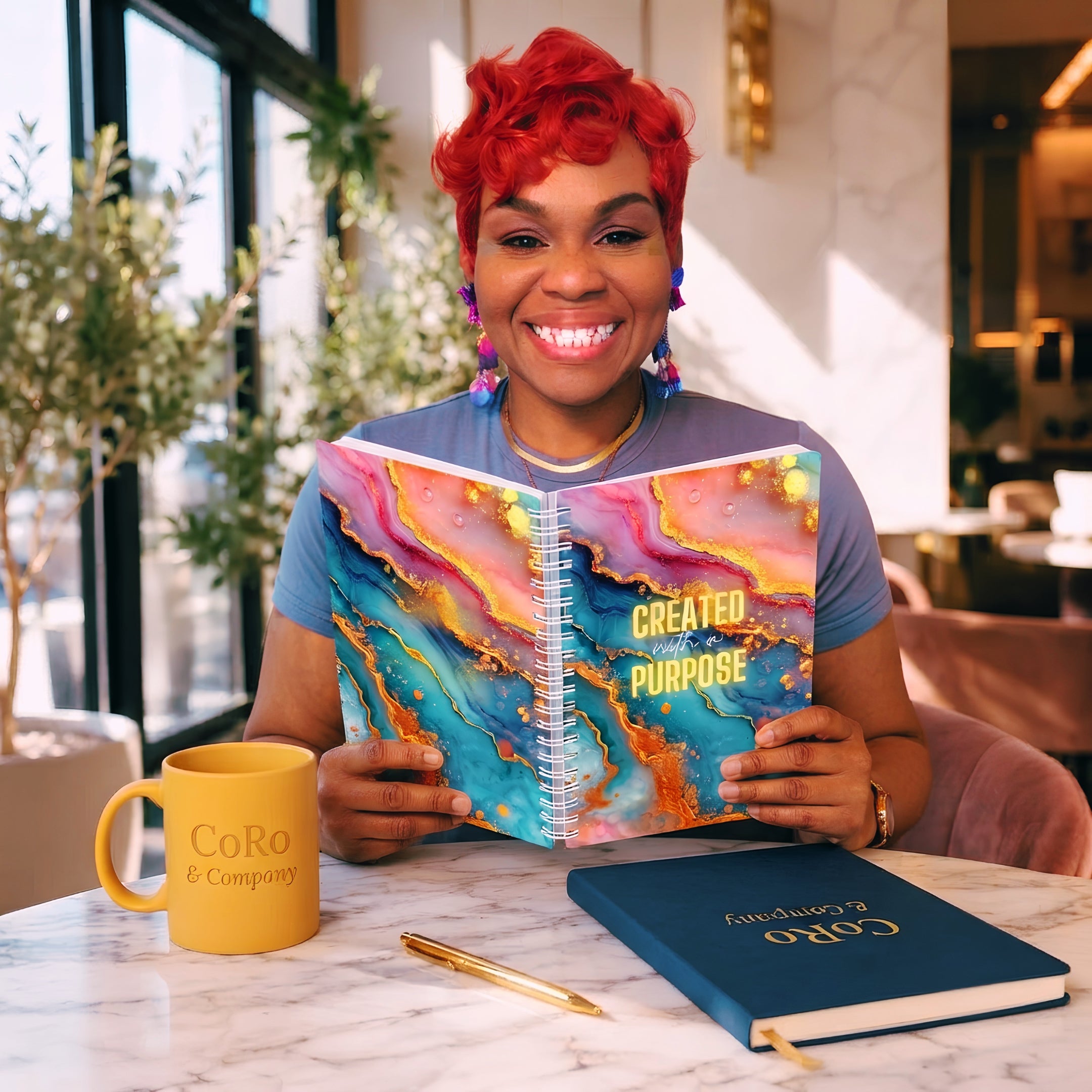 Nik Austin with bright red hair sits at a marble table holding an open spiral notebook with a colorful marbled cover that reads 'CREATED WITH PURPOSE.' A navy CoRo & Company notebook, a yellow CoRo & Company mug, and a gold pen are on the table in a bright indoor setting with plants and large windows in the background.
