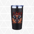 A black insulated tumbler with a clear lid, featuring a graphic of an elephant wearing red high heels and the Greek letters Delta Sigma Theta on the front, set against a white background with a light gray geometric pattern.