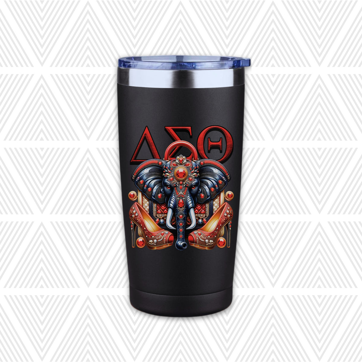 A black insulated tumbler with a clear lid, featuring a graphic of an elephant wearing red high heels and the Greek letters Delta Sigma Theta on the front, set against a white background with a light gray geometric pattern.
