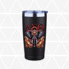 A black insulated tumbler with a clear lid, featuring a graphic of an elephant wearing red high heels and the Greek letters Delta Sigma Theta on the front, set against a white background with a light gray geometric pattern.