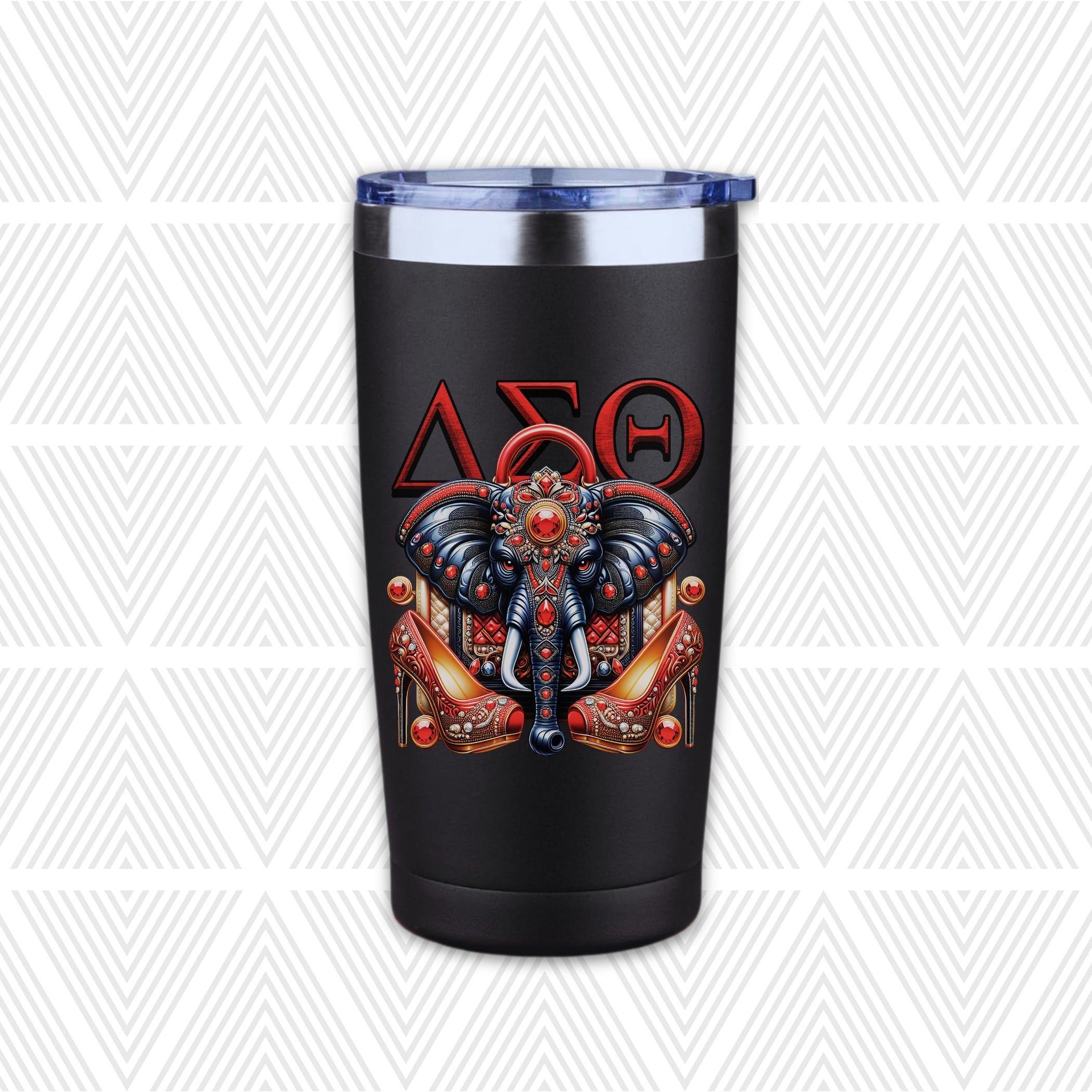 A black insulated tumbler with a clear lid, featuring a graphic of an elephant wearing red high heels and the Greek letters Delta Sigma Theta on the front, set against a white background with a light gray geometric pattern.
