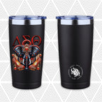 Two views of a black insulated tumbler with a clear lid, shown on a light gray patterned background. The left tumbler features a large red and multicolor Delta Sigma Theta graphic with an elephant and the letters Delta Sigma Theta.