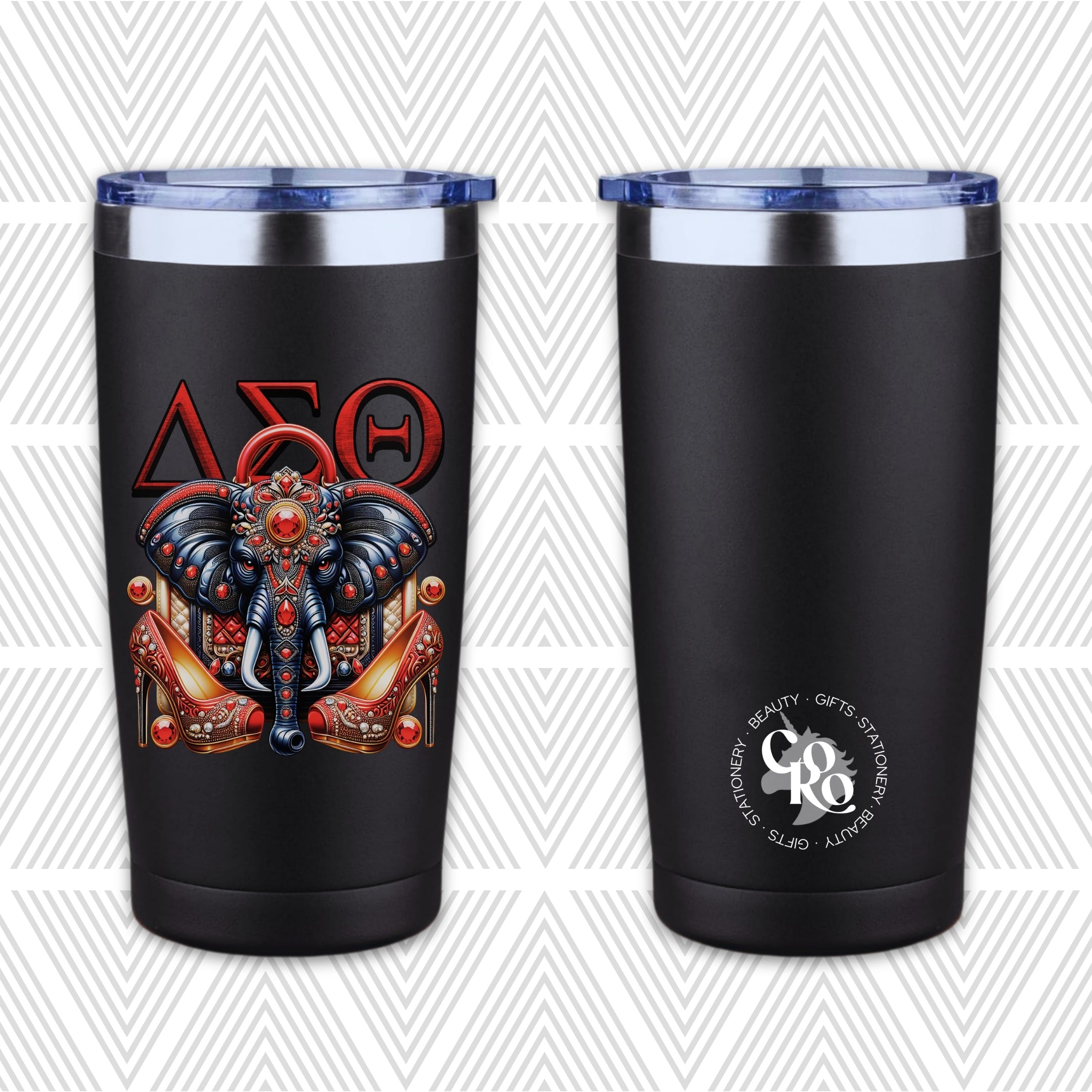 Two views of a black insulated tumbler with a clear lid, shown on a light gray patterned background. The left tumbler features a large red and multicolor Delta Sigma Theta graphic with an elephant and the letters Delta Sigma Theta.