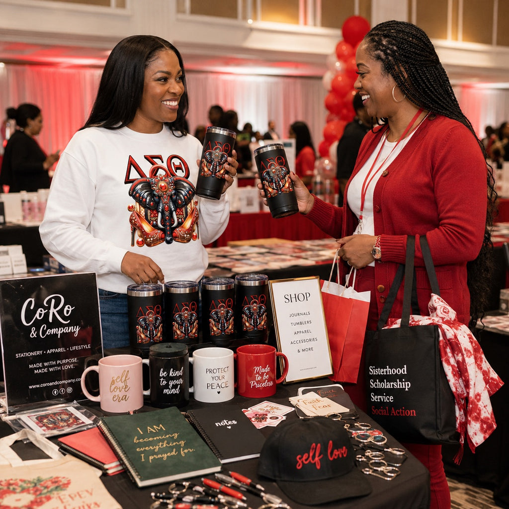 Two women smiling and clinking matching black tumblers at a booth display. The booth features mugs, notebooks, pens, a CoRo & Company sign, and a tote bag that reads "Sisterhood Scholarship Service", with red balloons and a busy event background.
