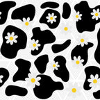 A repeating pattern featuring irregular black shapes and small white daisies with yellow centers on a white and light gray chevron background.