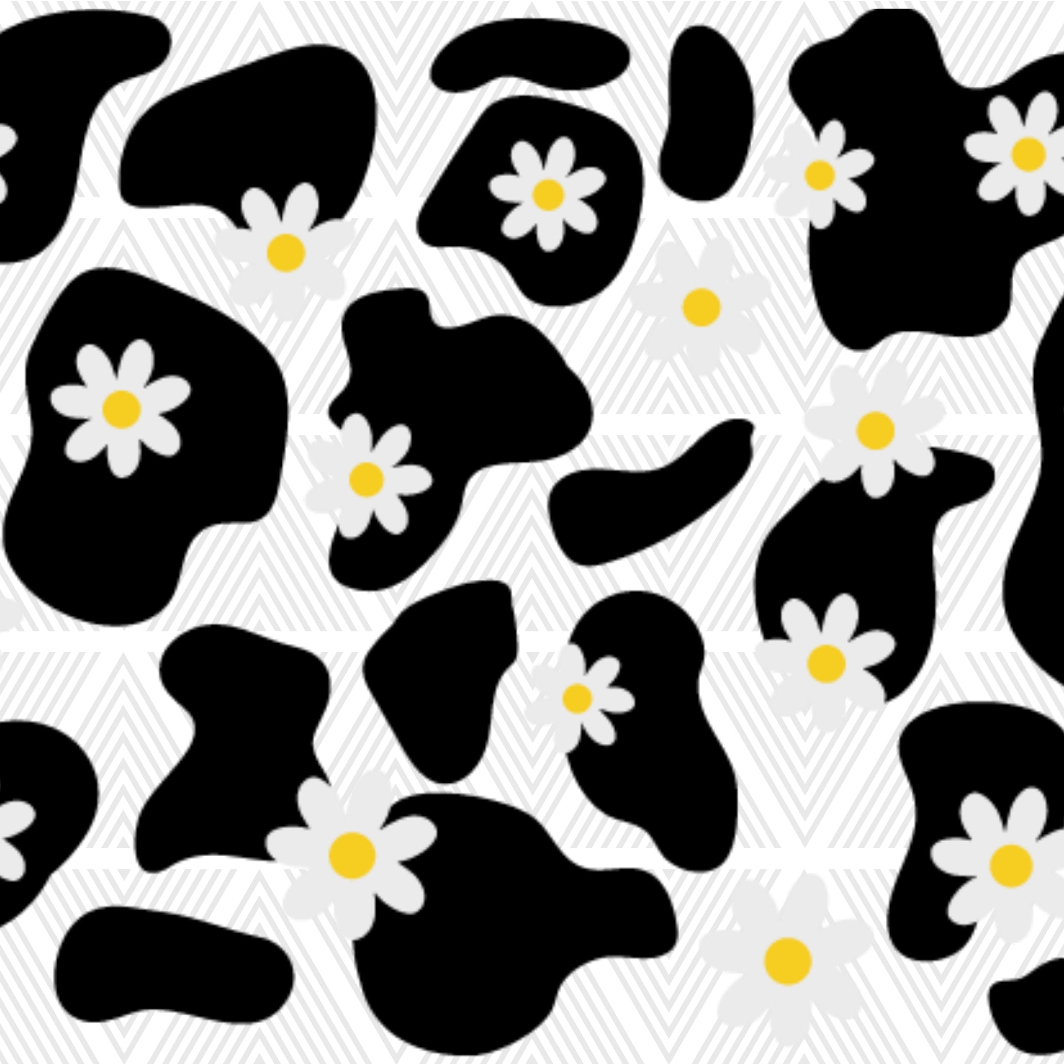 A repeating pattern featuring irregular black shapes and small white daisies with yellow centers on a white and light gray chevron background.