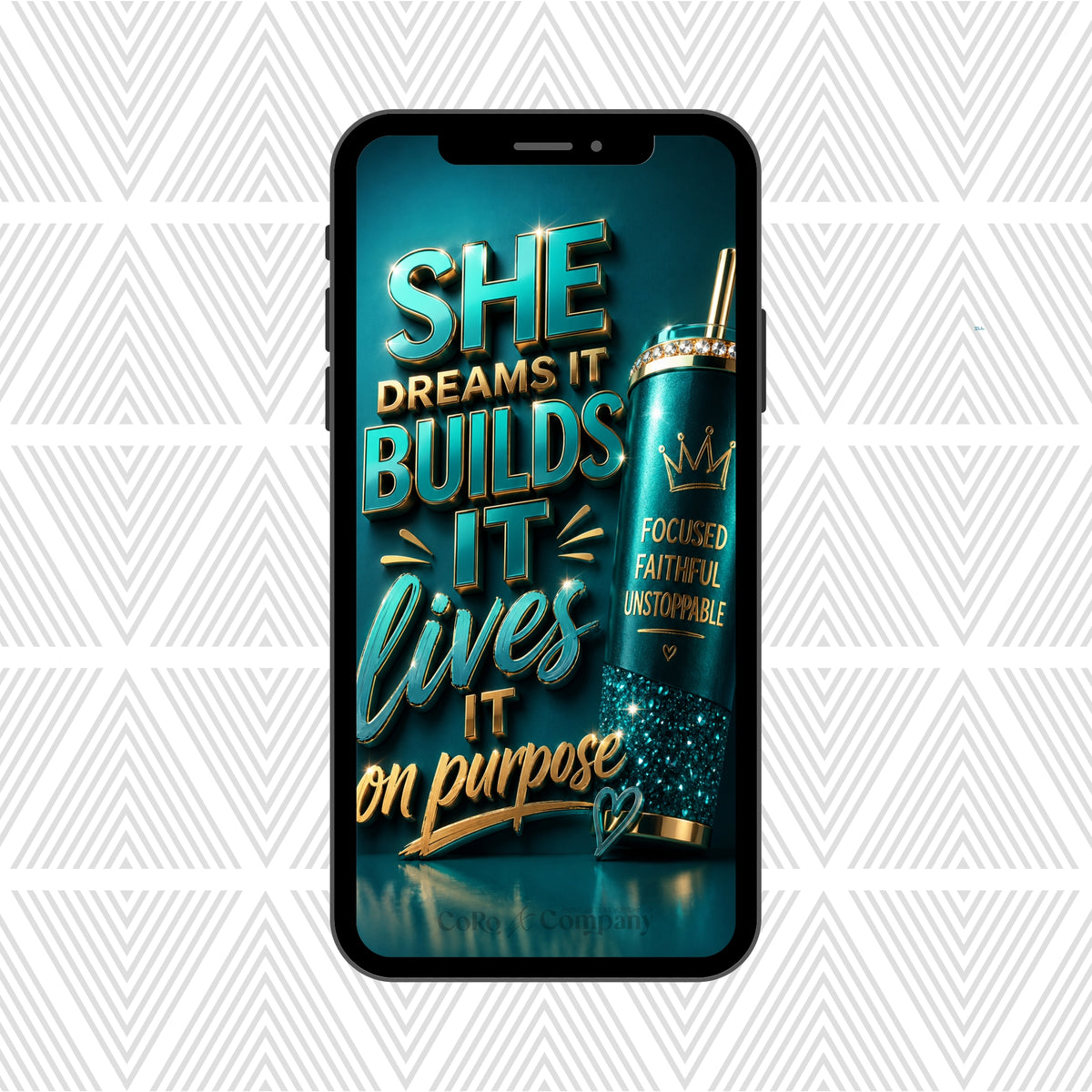 A black smartphone centered on a white geometric patterned background, displaying a motivational quote poster with teal and gold lettering and a glittery teal bottle graphic. The phone has a visible MagSafe ring, and the screen text reads, 'SHE DREAMS IT BUILDS IT lives IT on purpose' with additional text on the bottle.