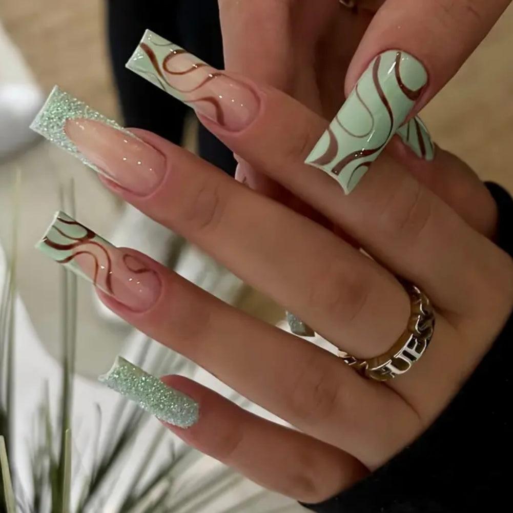 Mint Mocha Glam • Green Nails • Press-on Nails