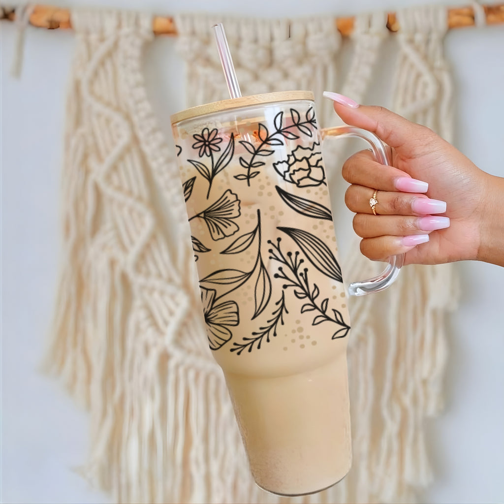 Wildflower Botanical Glass Cup, Mug, & Tumbler with Lid and Straw