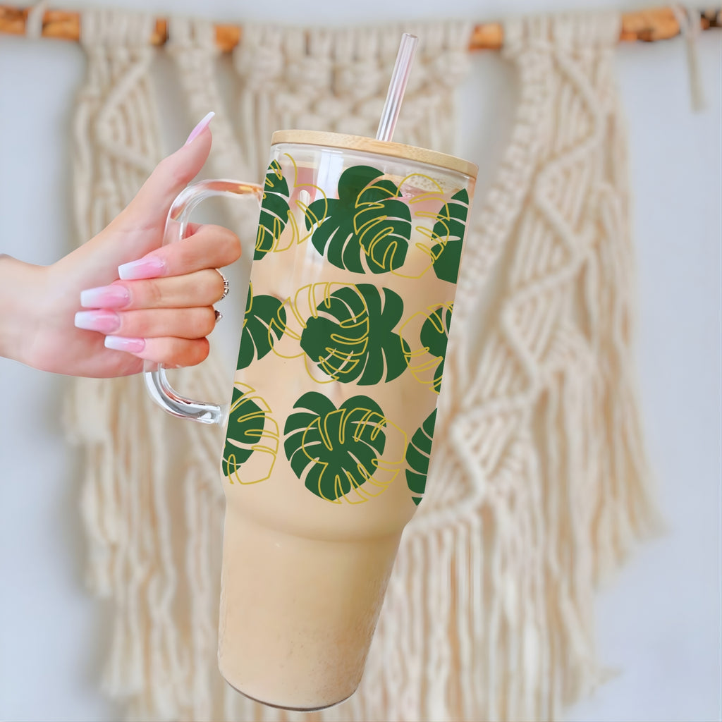 Monstera Leaf 40oz Glass Tumbler With Lid and Straw