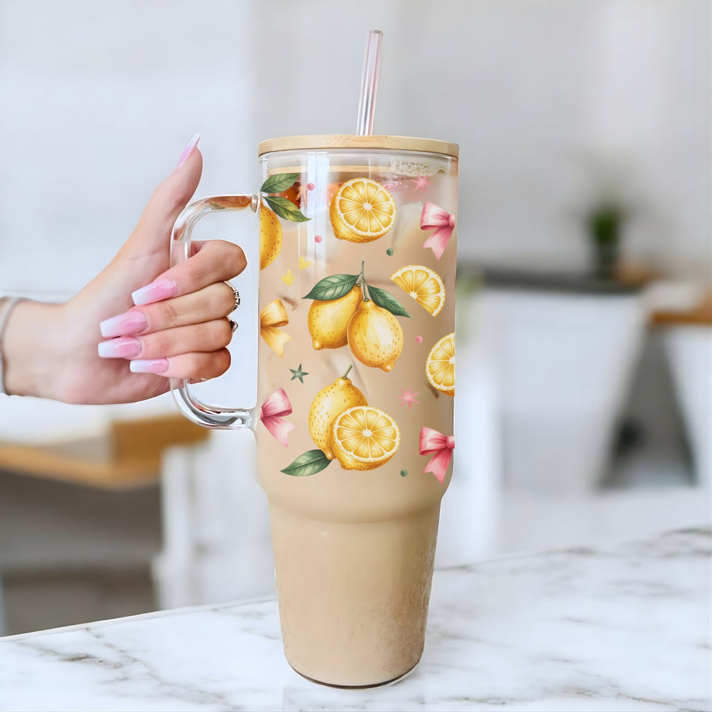 Lemon & Bows 40oz Glass Tumbler With Lid and Straw