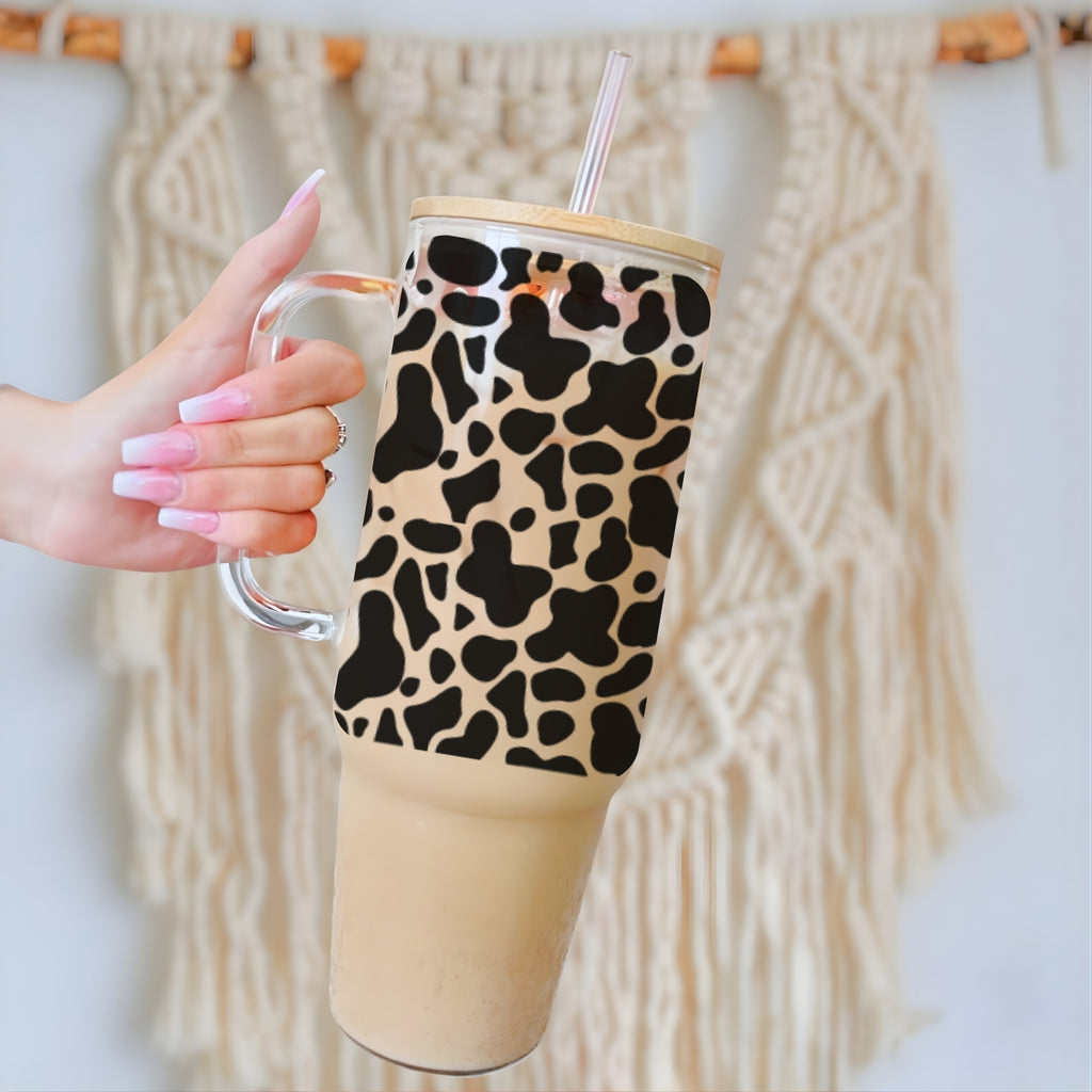 Cow Print 40oz Glass Tumbler With Lid and Straw